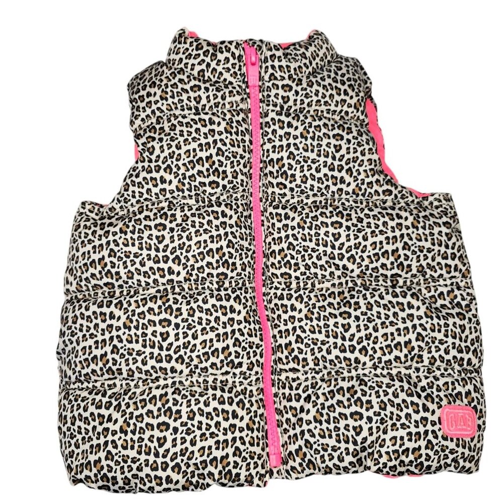 Gap Girls 3T Puffer Vest Leopard‎ Print Zip Closure Pink Liner Jacket
